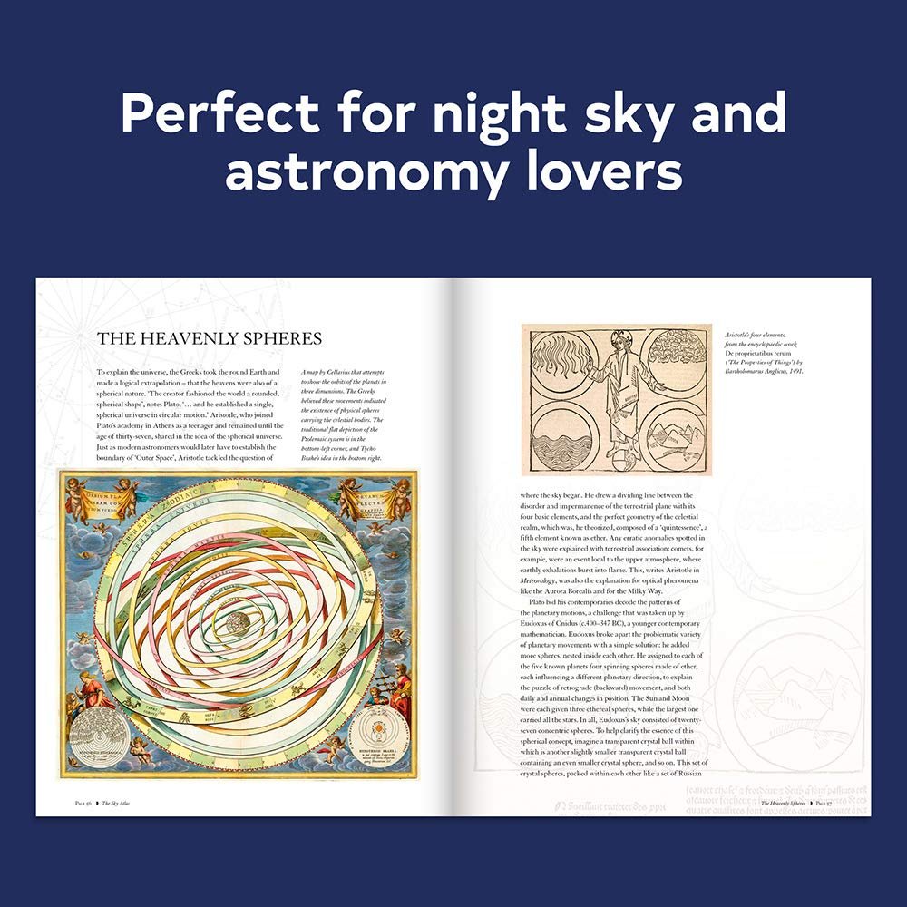 Open book showing a colorful illustration of celestial spheres and text about astronomy, set against a dark blue background with the caption, "Perfect for night sky and astronomy lovers.