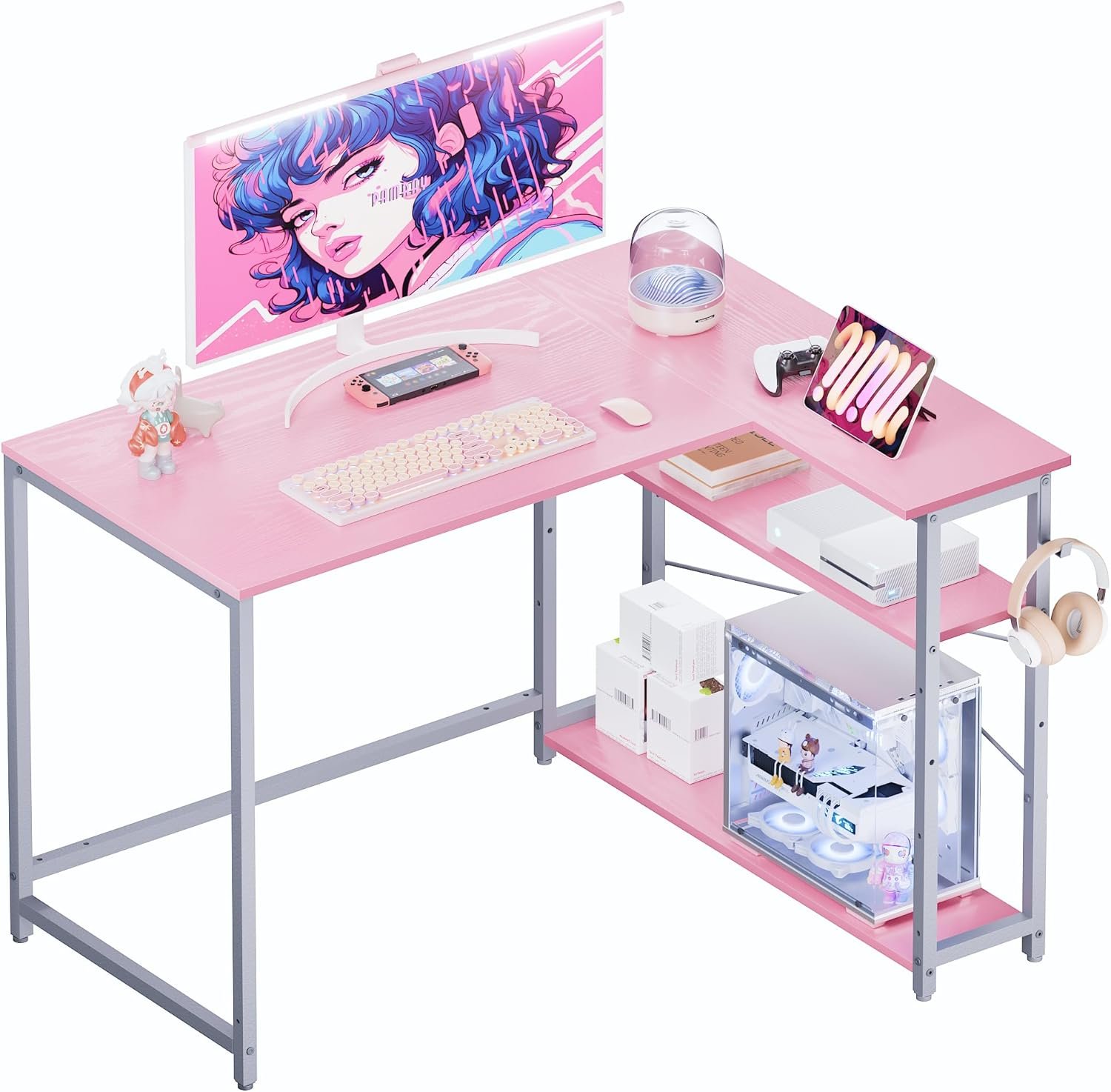 Pamray 43 Inch L Shaped Computer Desk with Reversible Side Storage Shelves, Pink with Gray Leg