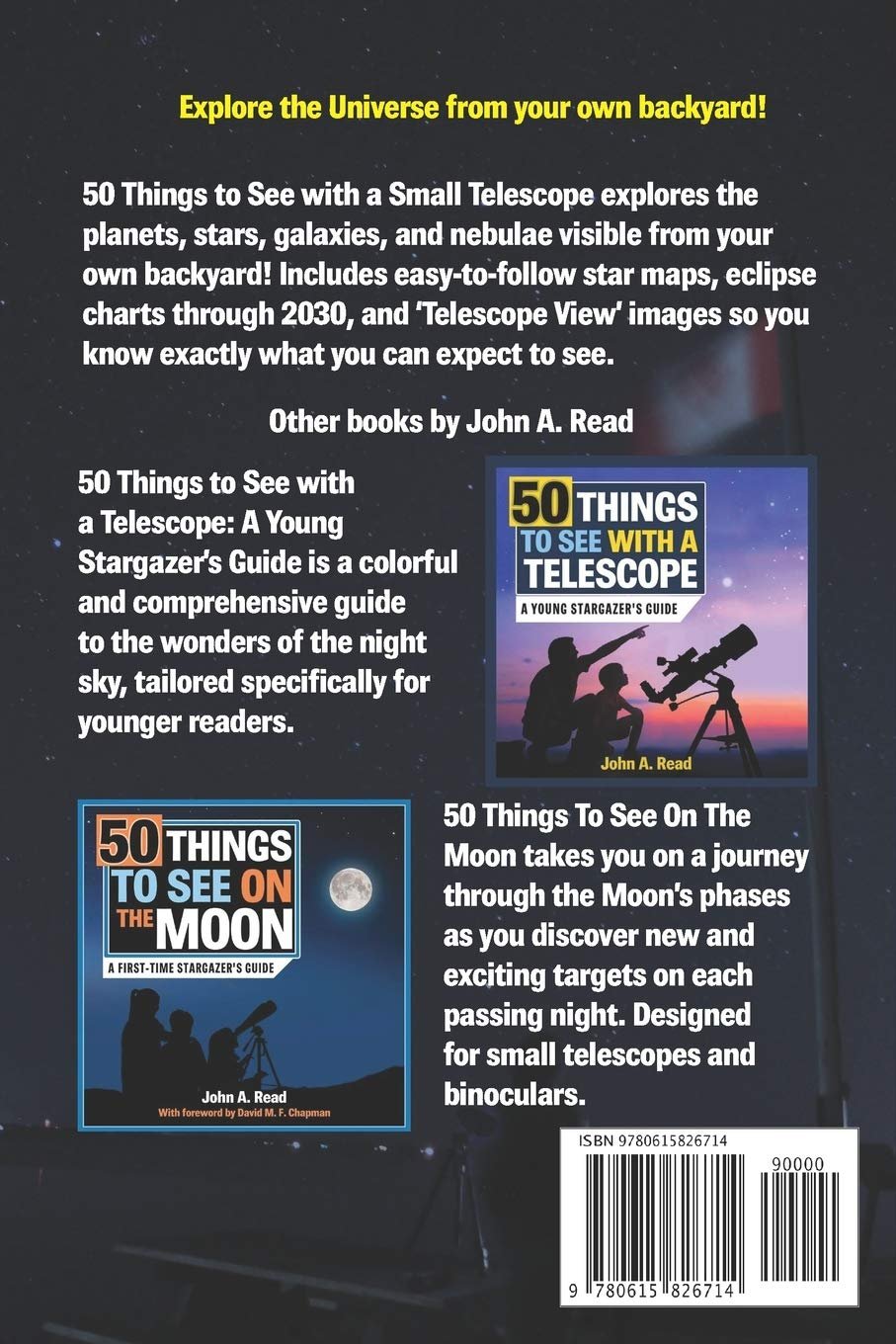 Back cover of a book titled "50 Things to See with a Small Telescope" featuring descriptions and images of two other books by the same author: "50 Things to See with a Telescope: A Young Stargazer’s Guide" and "50 Things to See on the Moon.