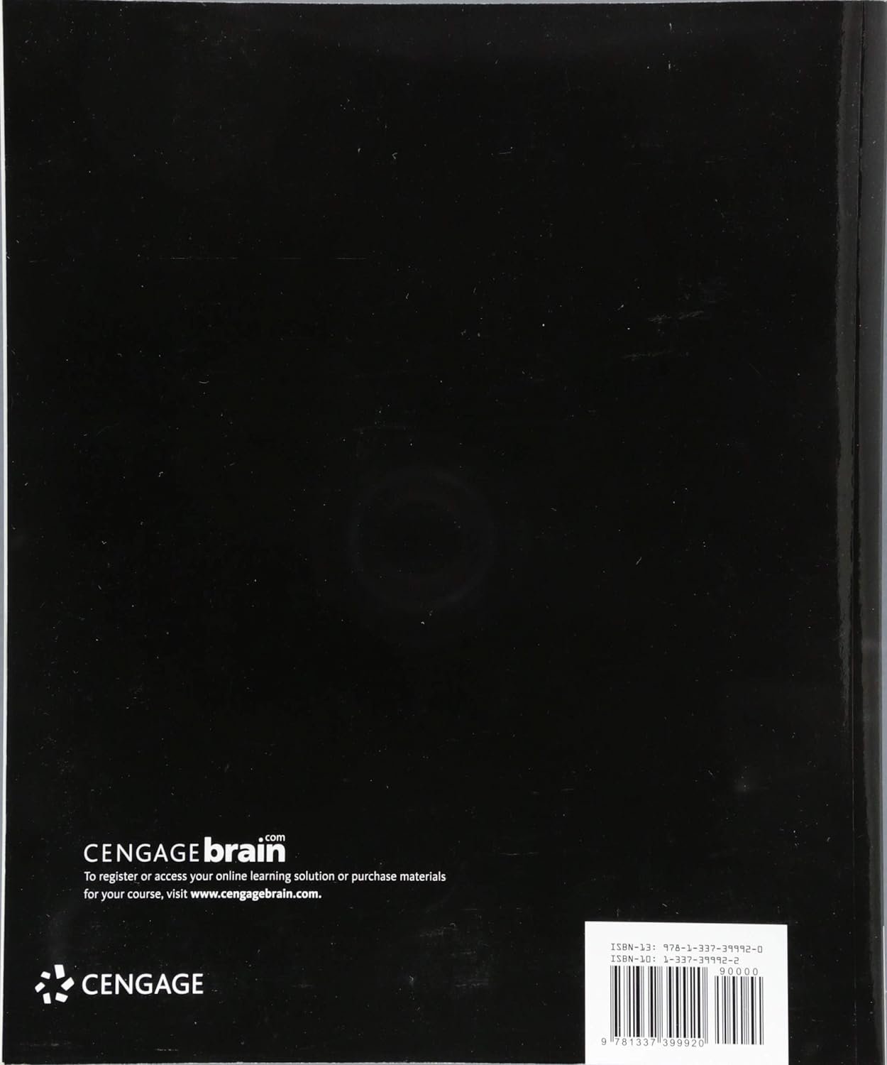 Back cover of a Cengage textbook showing the Cengage logo, website URL, and barcode. The main background is black.