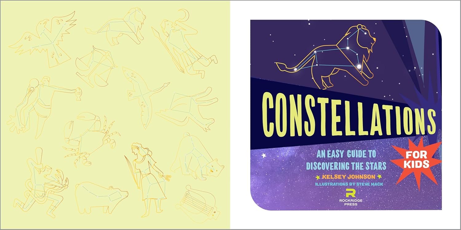 Cover of a book titled "Constellations for Kids: An Easy Guide to Discovering the Stars" by Kelsey Johnson. The cover features an illustration of the constellation Leo against a starry background.