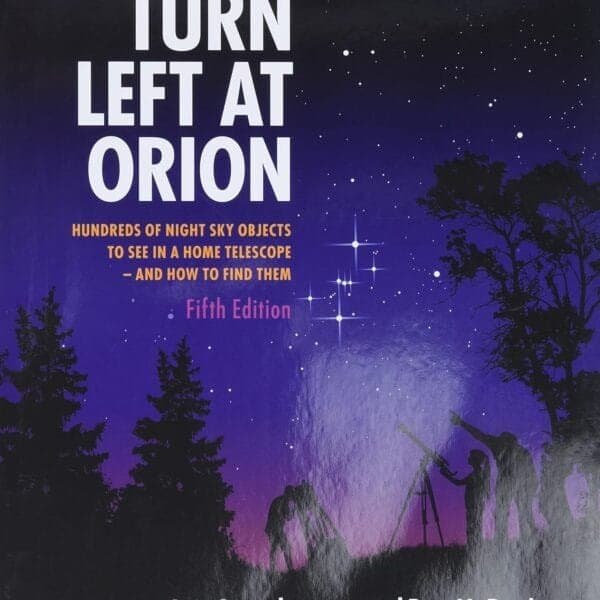 The cover of the book "Turn Left at Orion: Hundreds of Night Sky Objects to See in a Home Telescope—and How to Find Them, Fifth Edition" by Guy Consolmagno and Dan M. Davis, featuring stargazers.