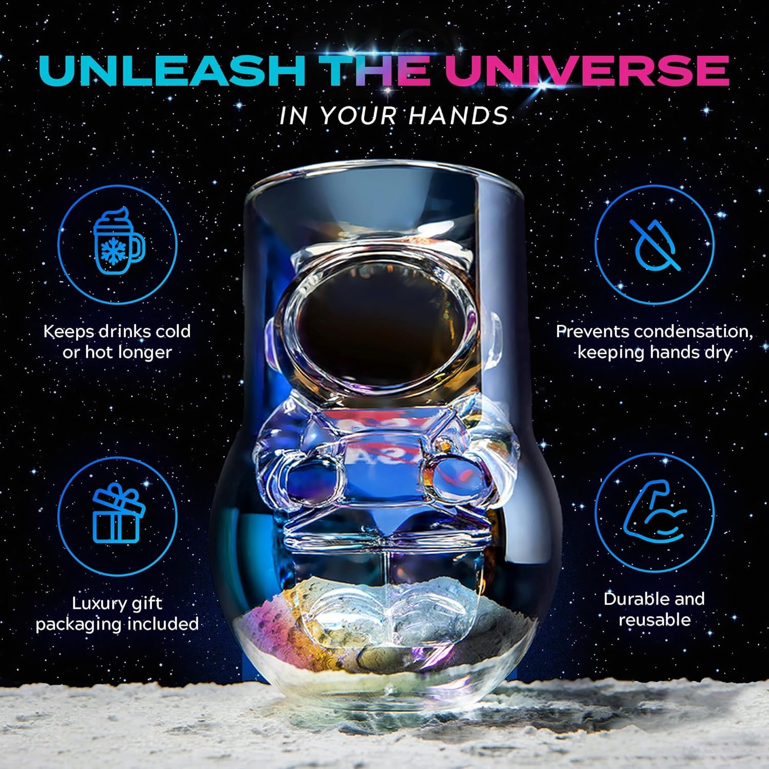 NASA Astronaut Glasses - 7 oz Set of 2 Double Wall Iridescent Drinkware with NASA symbol and Artemis Patch - Unique Glassware for Space Enthusiasts