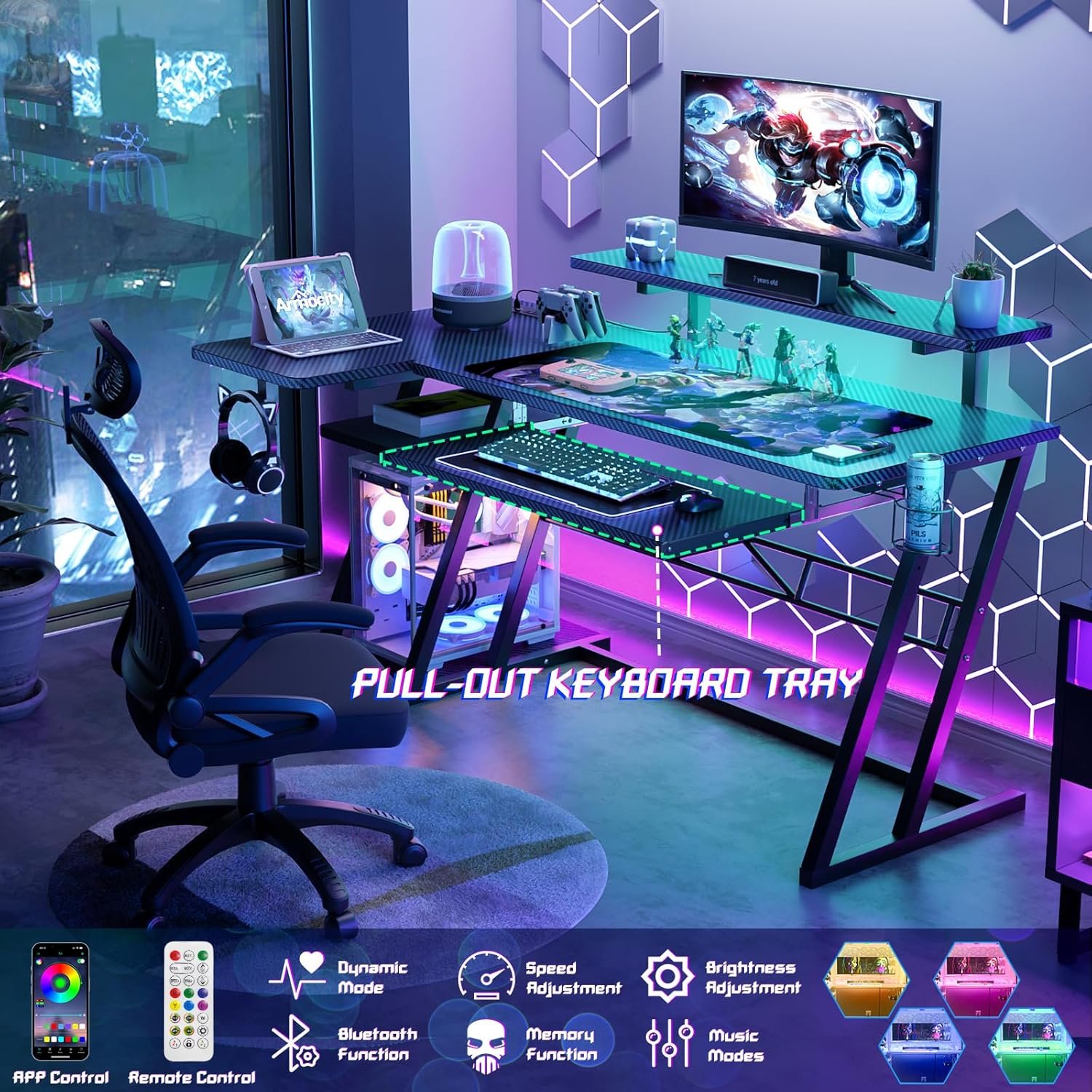 Gaming setup with a dual monitor desk, LED lights, a pull-out keyboard tray, gaming chair, and various remotes and controls highlighted at the bottom.