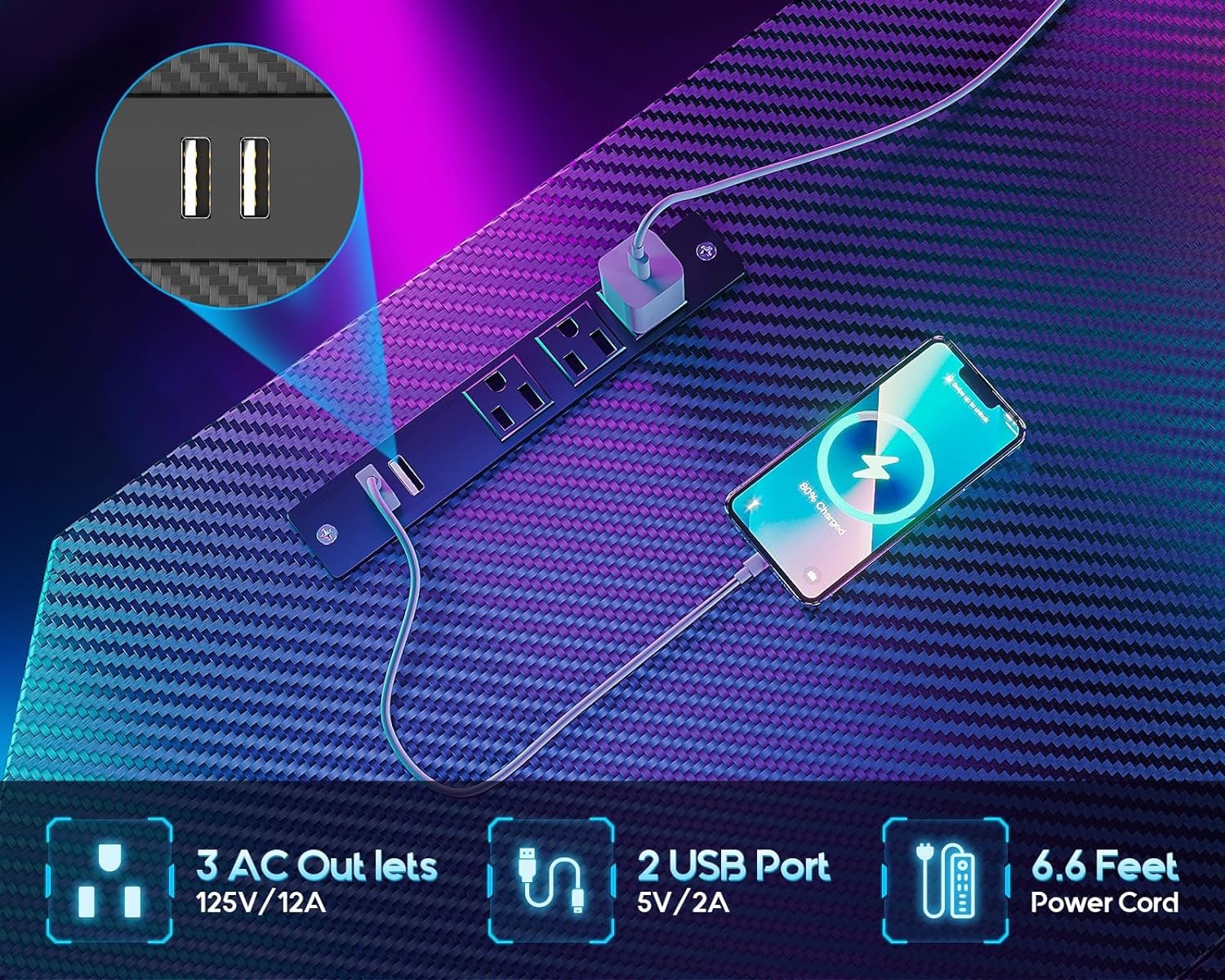 A power strip with three AC outlets, two USB ports, and a 6.6-foot power cord. One USB port is charging a smartphone. Text highlights features against a vibrant, colorful background.