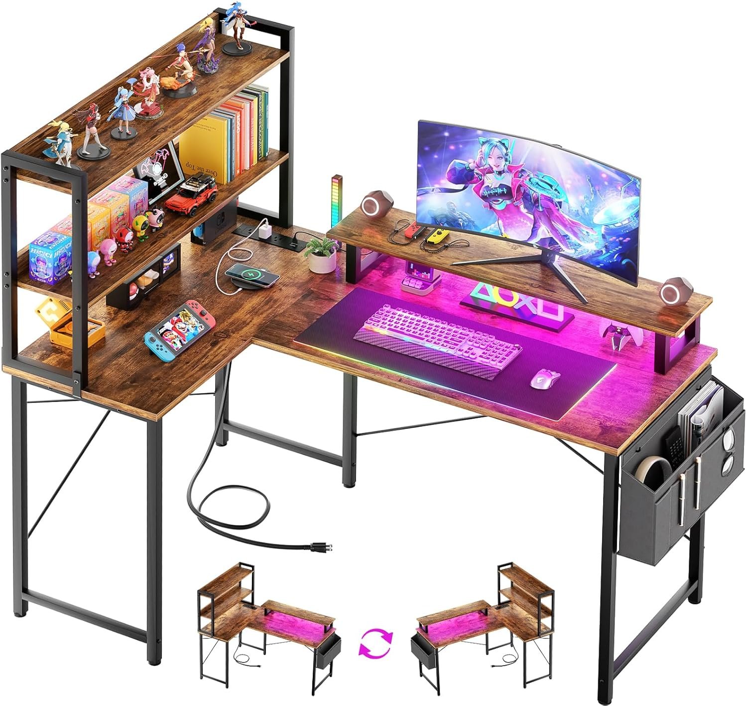 L-shaped gaming desk with dual monitors, keyboard, mouse, RGB lighting, action figures, books, and game controllers, featuring shelves and storage compartments.