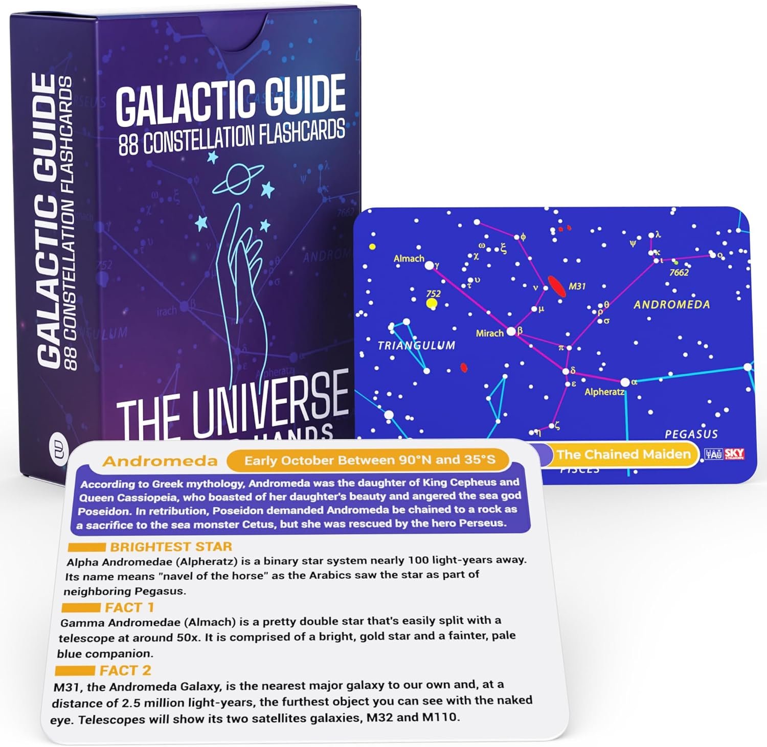 A box of Galactic Guide flashcards titled "88 Constellation Flashcards" with a few cards displayed, including one about the Andromeda constellation with facts and a star map.