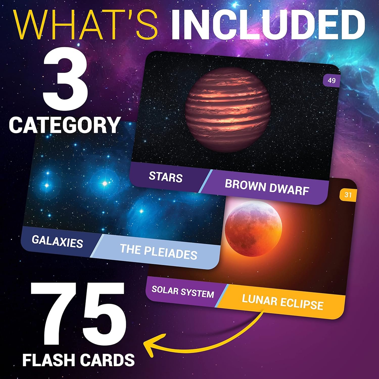 Image showing contents of a flash card set: 3 categories (Stars, Galaxies, Solar System) and 75 total flash cards. Featured cards are "Brown Dwarf" (category: Stars), "The Pleiades" (category: Galaxies), and "Lunar Eclipse" (category: Solar System).