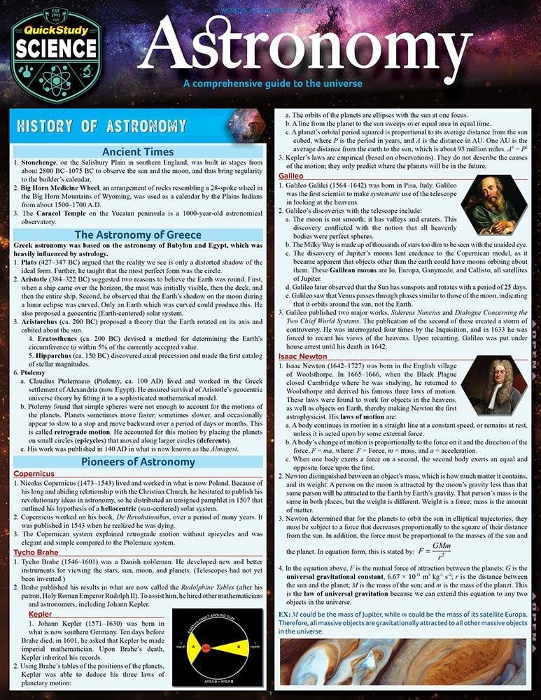 An astronomy quick study guide featuring a timeline of historical facts about the history of astronomy, detailing contributions from ancient times, Greek and Roman astronomy, and notable astronomers like Galileo and Copernicus.