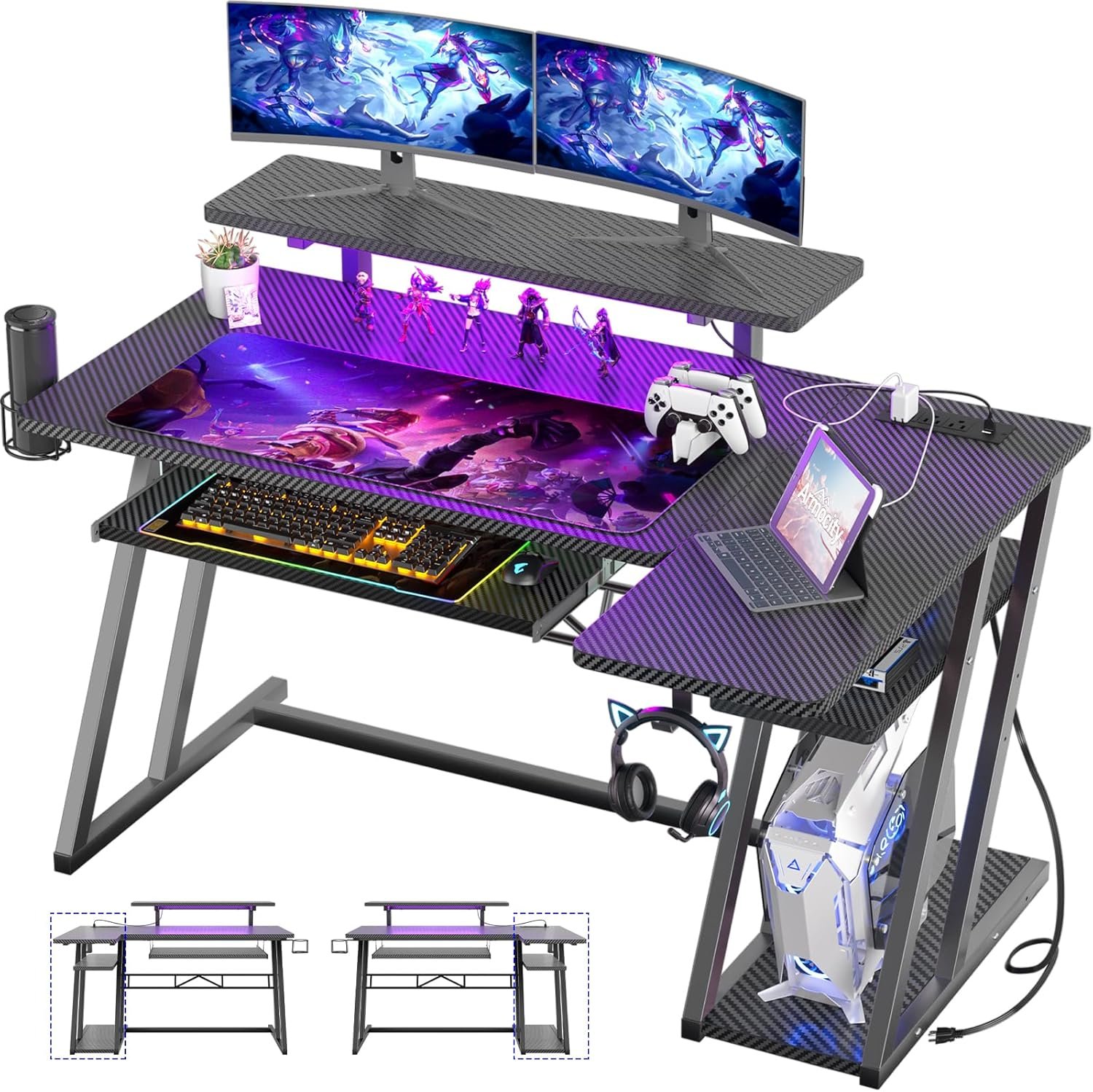 A black gaming desk with a dual monitor setup, RGB keyboard, mouse pad, laptop, microphone, controller, headphones, and a desktop computer tower with RGB lighting.