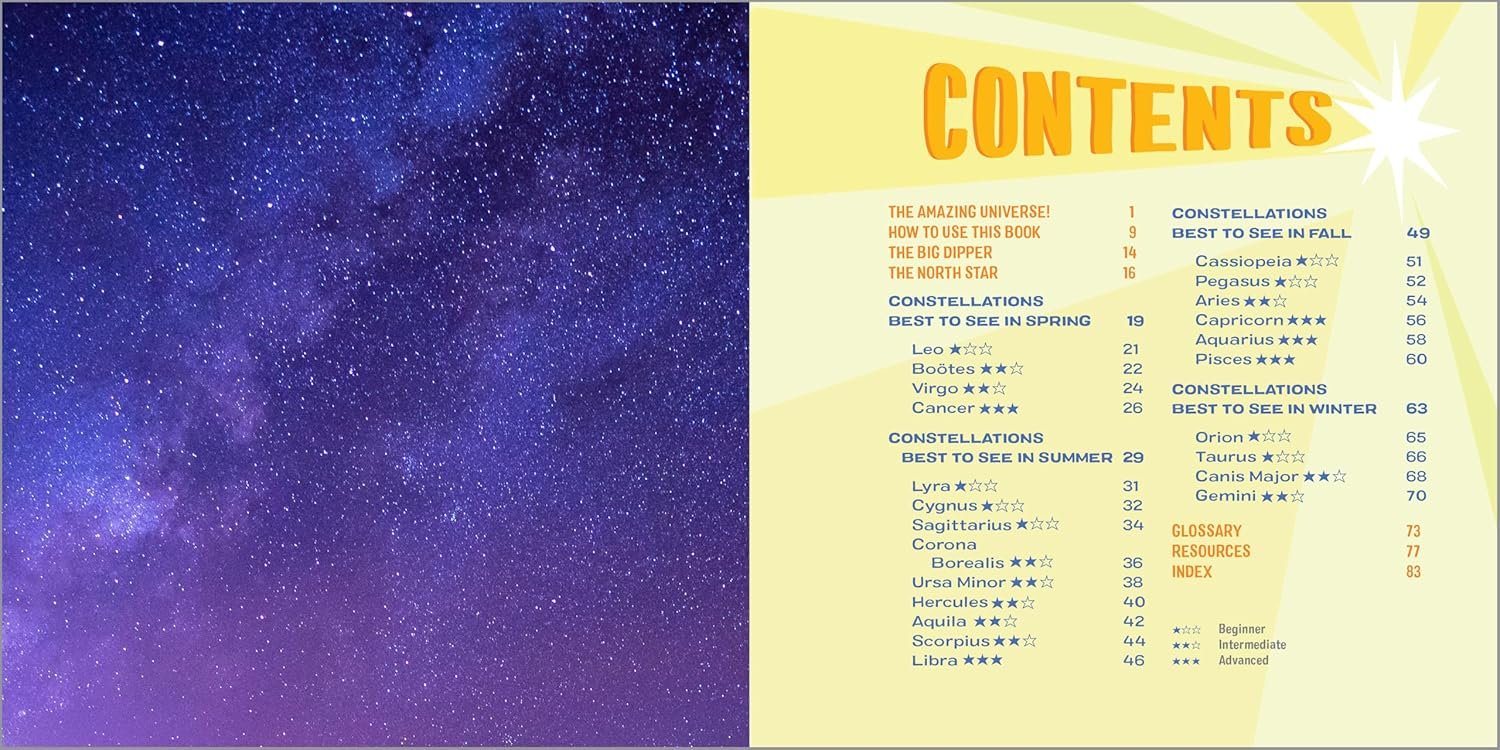 A starry night sky is on the left page, while the right page is a table of contents with a yellow "CONTENTS" header and a list of astronomical topics and constellations.