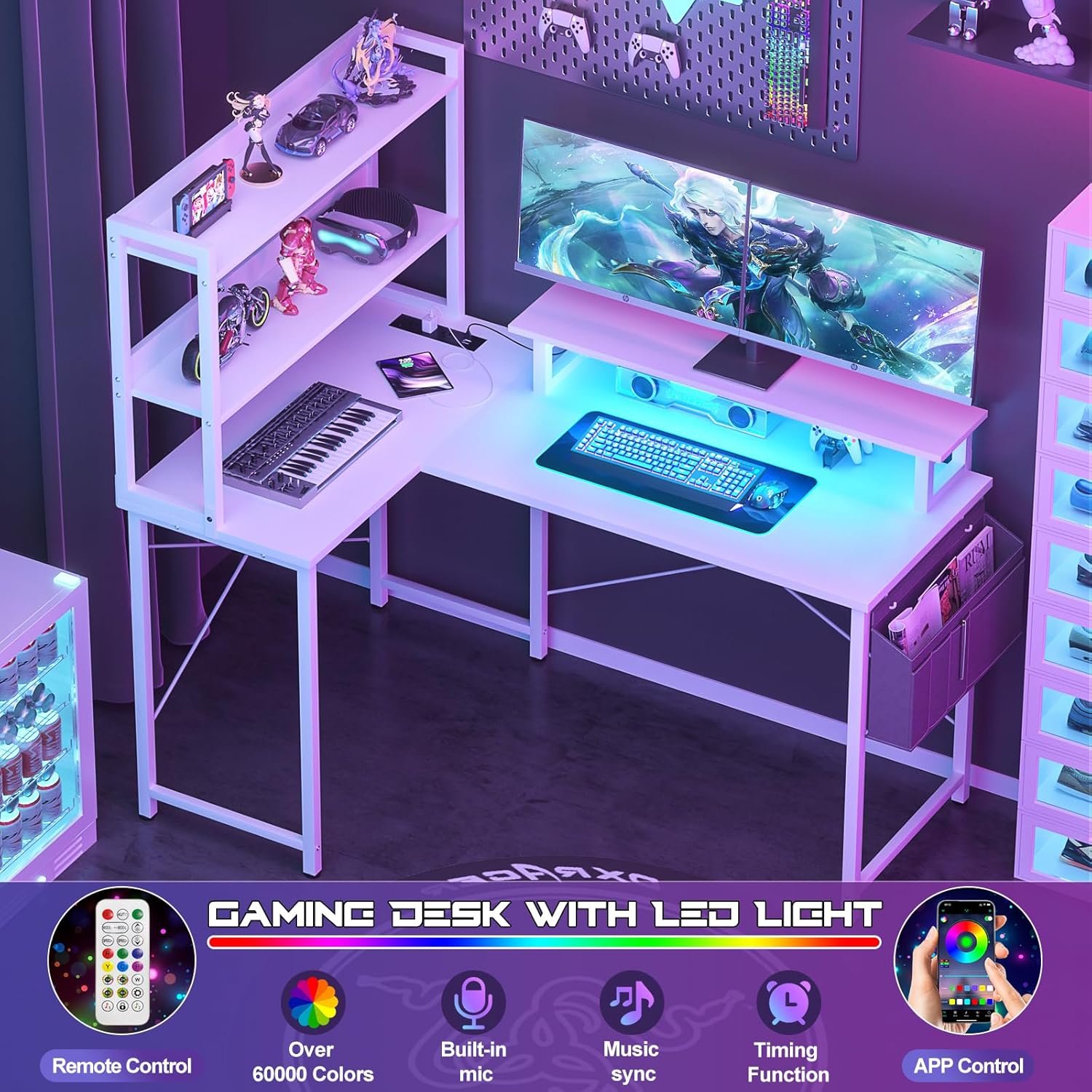 Gaming desk setup with LED lights, featuring dual monitors, a keyboard, mouse, and various gadgets. Display includes features such as remote control, over 60000 colors, built-in mic, music sync, and app control.