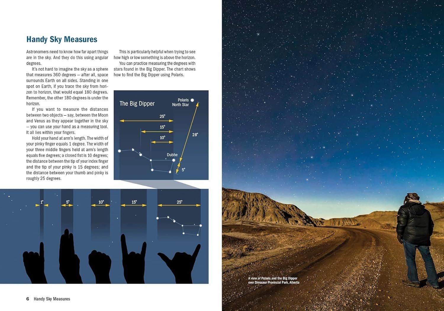 A person stands on a dirt road under a starry sky. The left page displays hand gestures measuring sky angles and a diagram of the Big Dipper. The right page shows the Milky Way and some landscape.