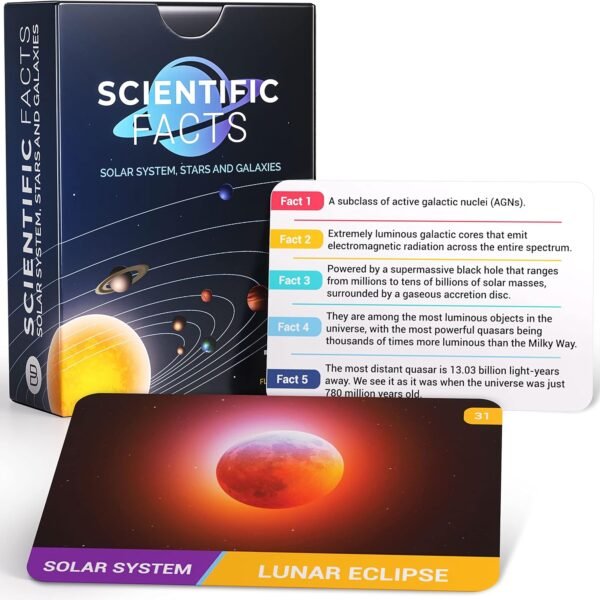 Box labeled "Scientific Facts: Solar System, Stars and Galaxies" with educational cards displaying facts about space. The front card mentions "Solar System" and "Lunar Eclipse" with an image of a planet and star.