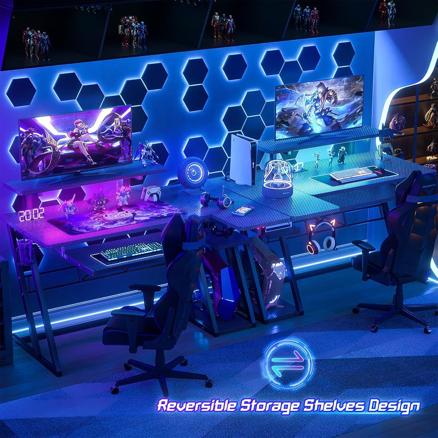 A futuristic gaming setup with dual monitors, LED lighting, honeycomb wall patterns, and gaming accessories. Text reads, "Reversible Storage Shelves Design.