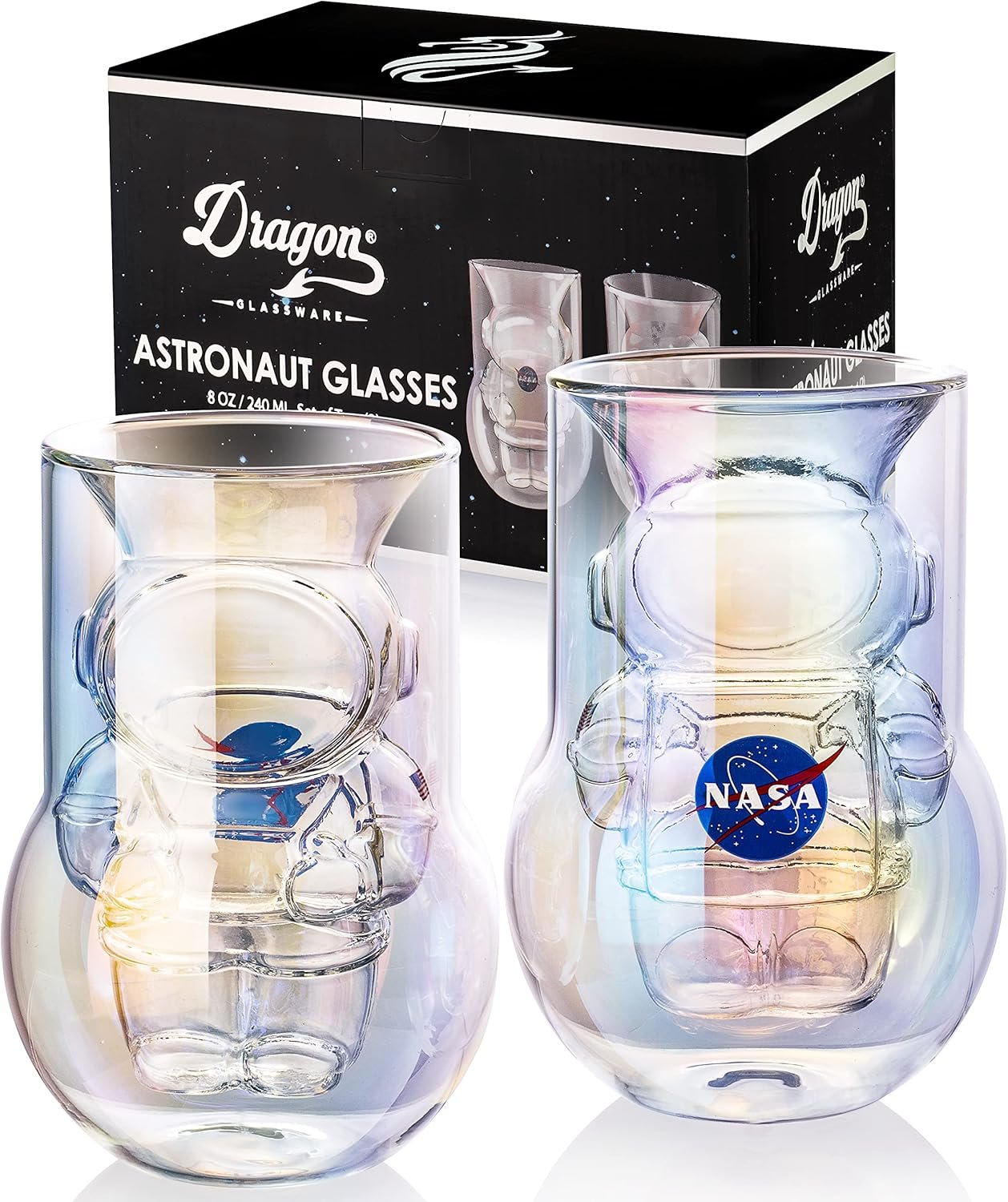 NASA Astronaut Glasses - 7 oz Set of 2 Double Wall Iridescent Drinkware with NASA symbol and Artemis Patch - Unique Glassware for Space Enthusiasts