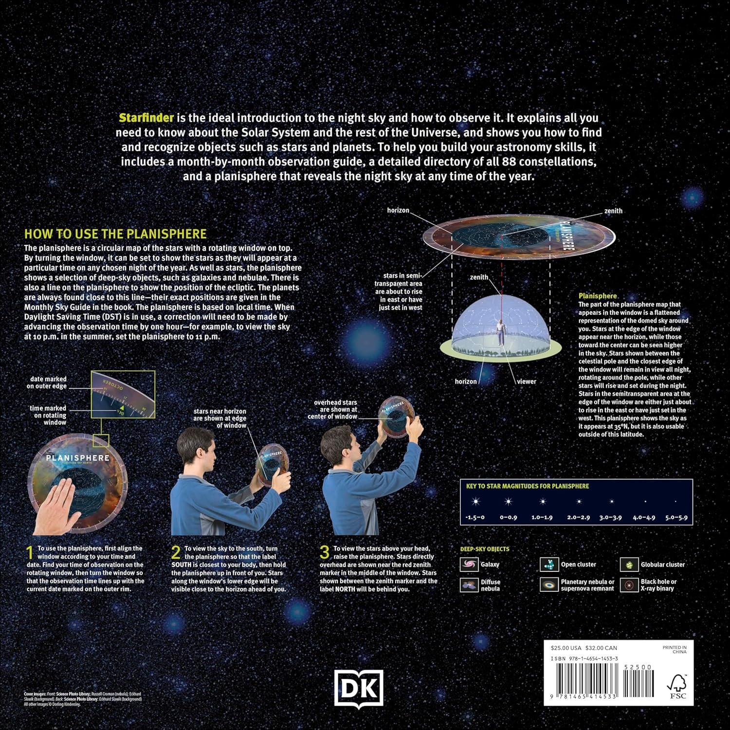 Back cover of a book titled "Starfinder" with instructions for using a planisphere, illustrations of sky observations, and a list of features including monthly sky guides, 88 constellations, and a planisphere.