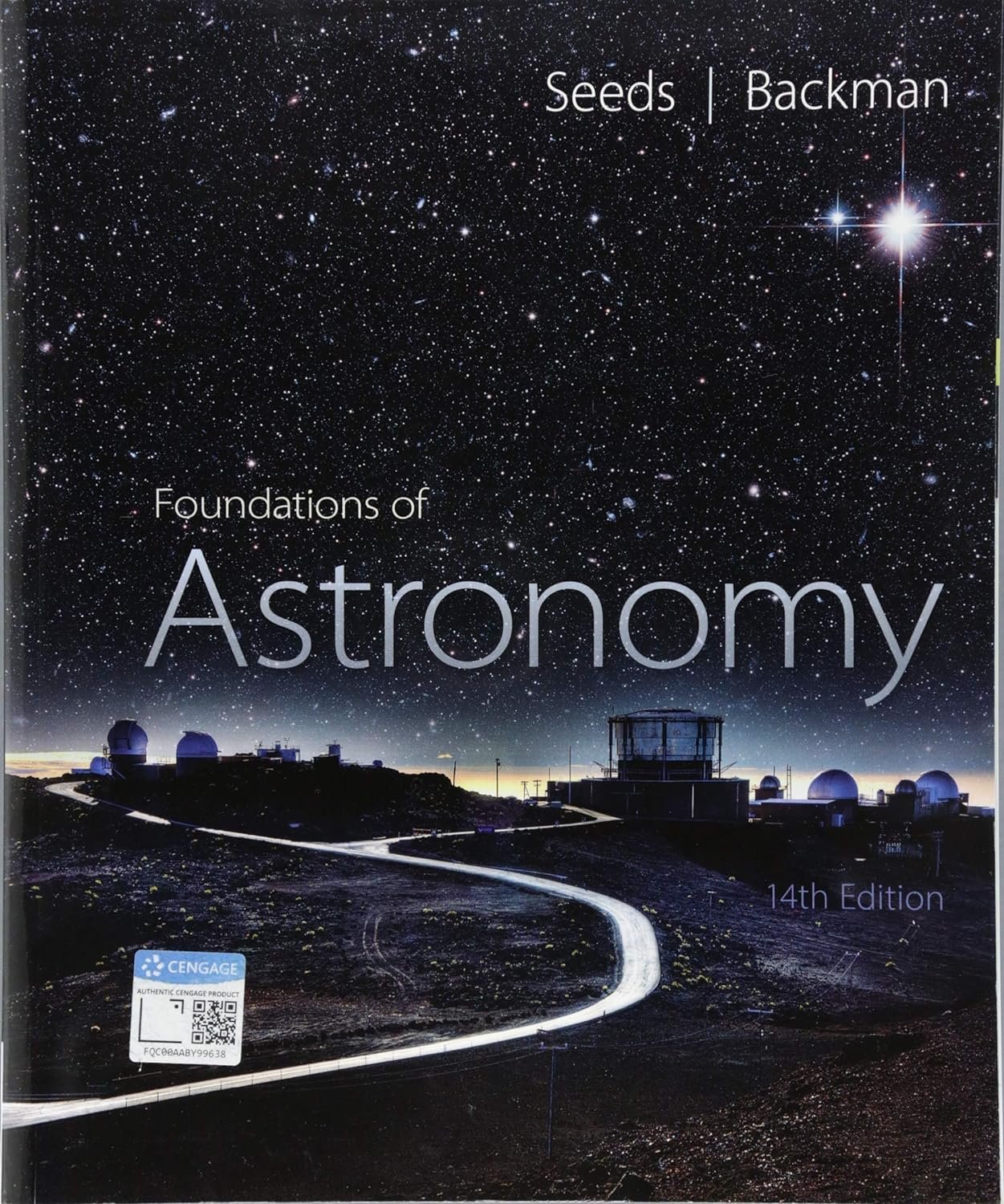 Cover of the book "Foundations of Astronomy" by Seeds and Backman, 14th edition, featuring a starlit sky over an observatory with the title centered.