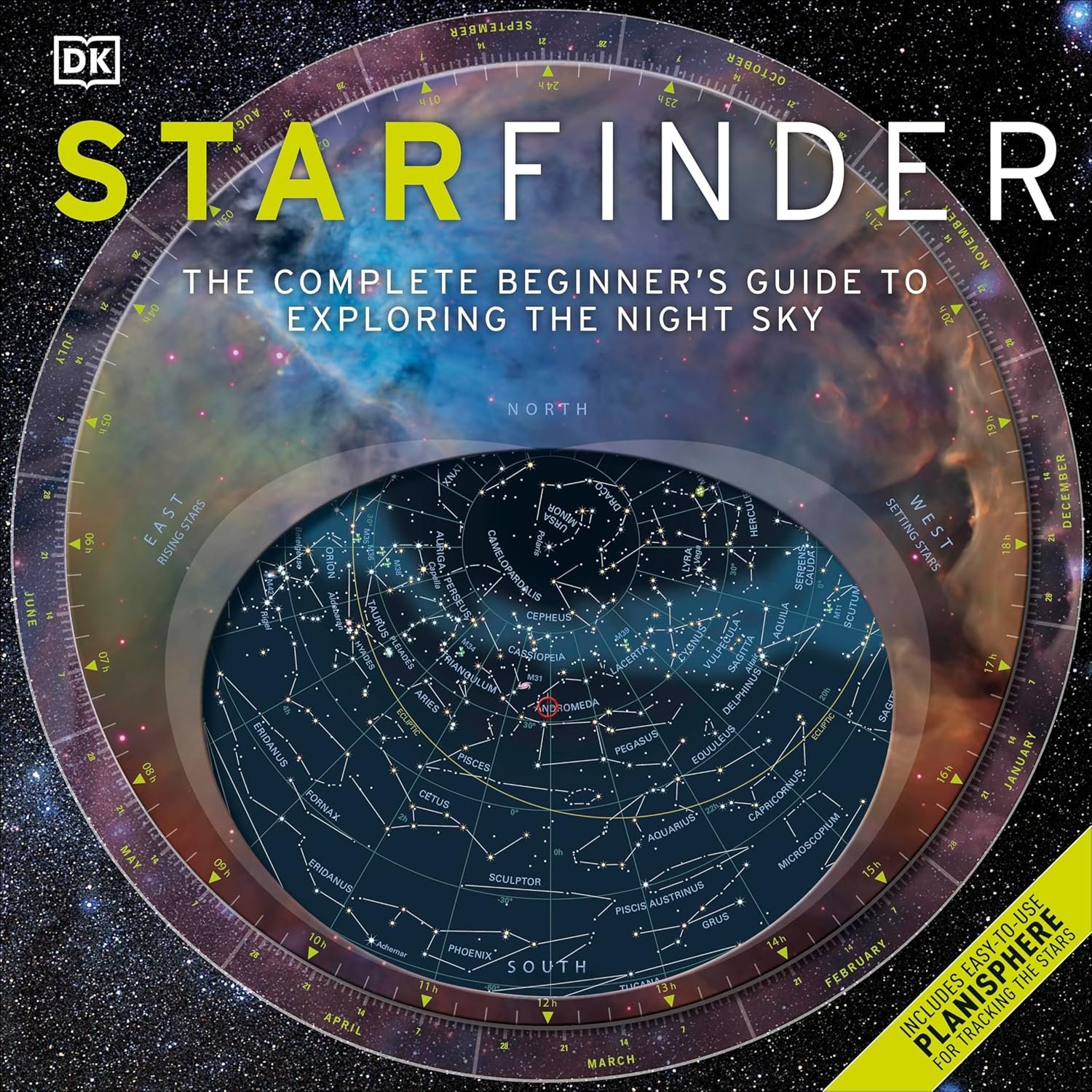 Cover of "Starfinder: The Complete Beginner's Guide to Exploring the Night Sky" displaying a celestial map and cosmic background. Includes a glow-in-the-dark starfinder.