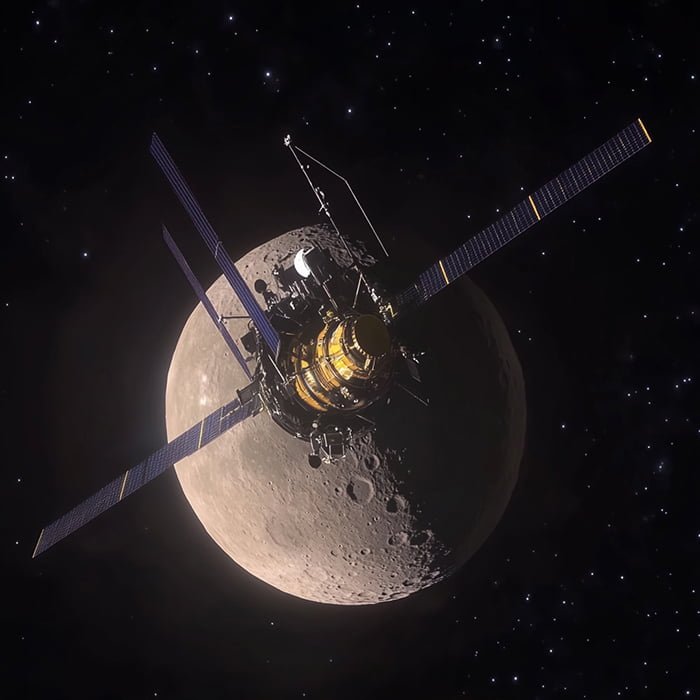 A satellite orbits closely around a gray, cratered Artemis Moon against a backdrop of star-filled space, heralding a new era in lunar exploration.