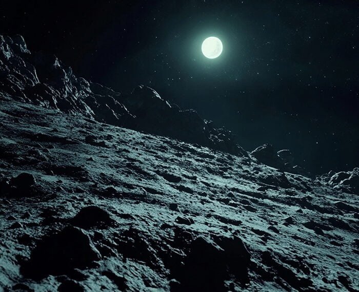 A bright moon shines over a rocky, uneven surface in a dark night sky, marking the dawn of a new era in lunar exploration with the Artemis Moon mission.