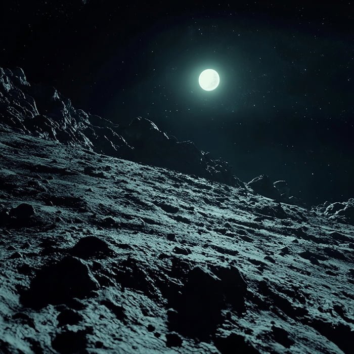 A bright moon shines over a rocky, uneven surface in a dark night sky, marking the dawn of a new era in lunar exploration with the Artemis Moon mission.