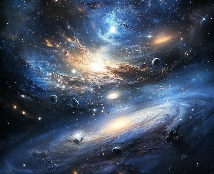 A vivid depiction of the universe featuring galaxies, stars, and planets with shades of blue, white, and yellow. The image showcases various celestial bodies in a vast cosmic scene.