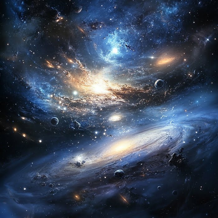 A vivid depiction of the universe featuring galaxies, stars, and planets with shades of blue, white, and yellow. The image showcases various celestial bodies in a vast cosmic scene.