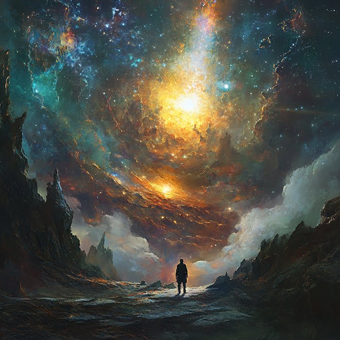 A lone figure stands on a rocky terrain under a vivid, colorful sky filled with swirling cosmic lights and nebulae, creating an ethereal atmosphere, as if the entire Universe unfolds above.