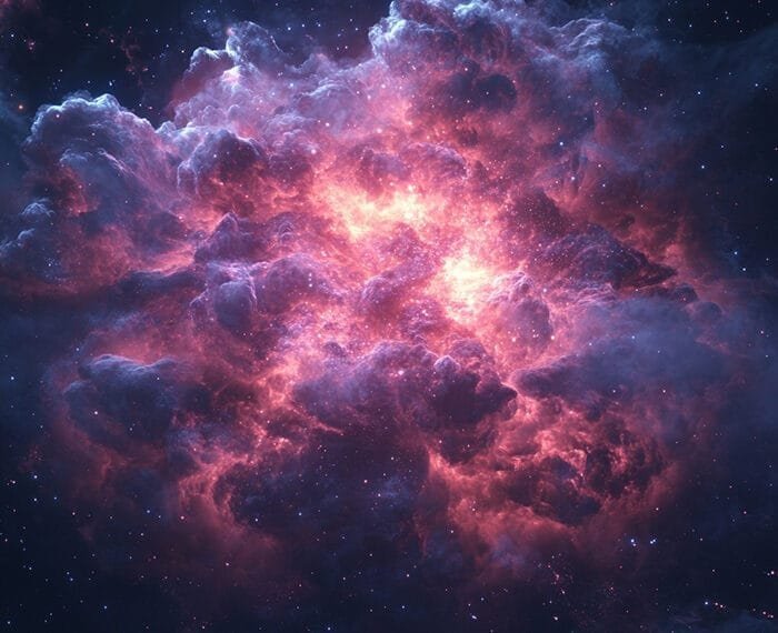 A vibrant nebula in deep space with swirling clouds of pink, red, and purple gases, reminiscent of the cosmic formations following the Big Bang theory, illuminated by bright stars.