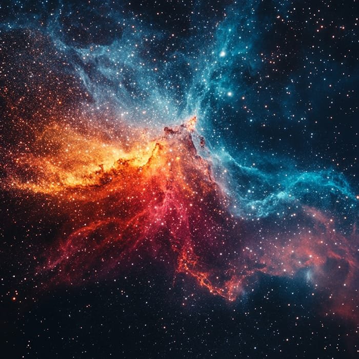 A vibrant nebula in outer space with swirling colors of red, orange, and blue amidst a backdrop of numerous stars, reminiscent of the cosmic wonders ignited by the Big Bang theory.