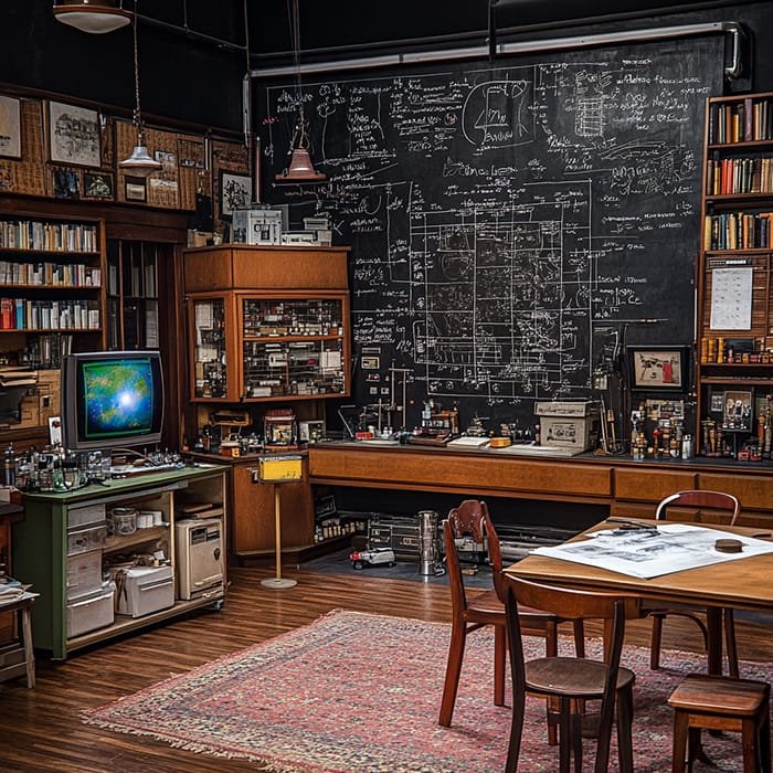 A cluttered study room featuring a large chalkboard covered with scientific diagrams and notes, including references to the Big Bang theory, a desk with scattered papers, a computer, and shelves full of books and equipment.