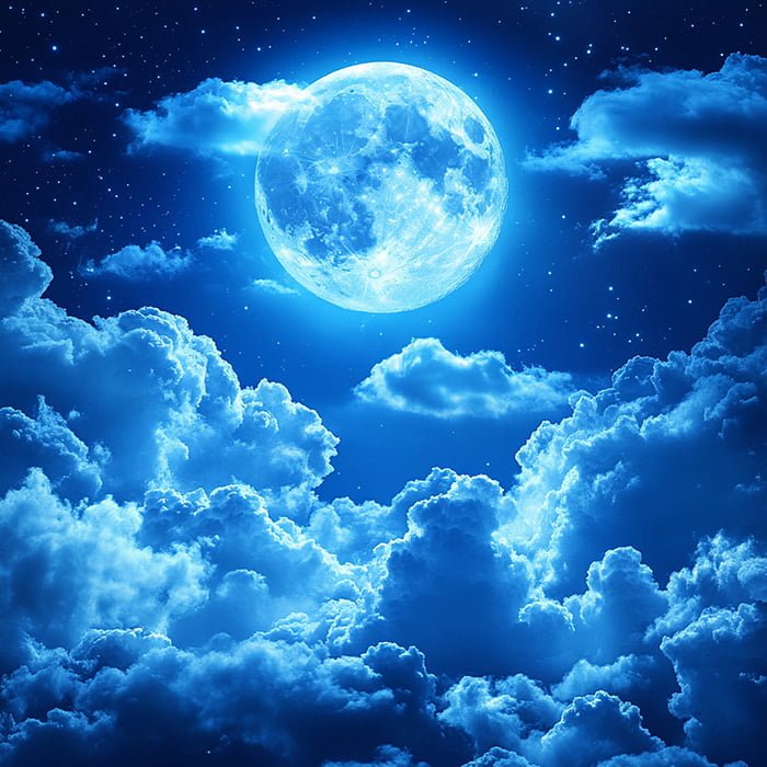 A bright full moon illuminates the night sky, casting a glow that feels like it touches the soul, surrounded by scattered clouds and stars.