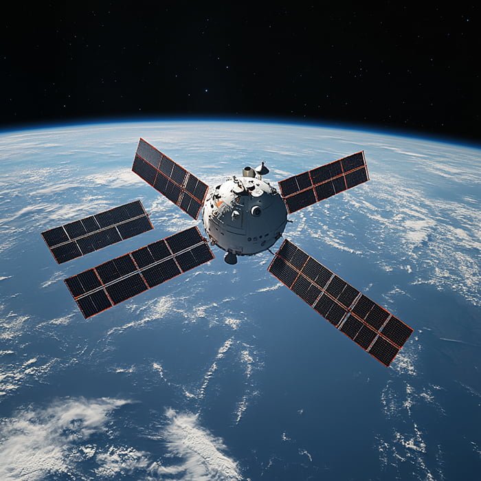 A satellite with solar panels orbits above Earth, the blue planet's surface and cloud formations visible below, epitomizing the marvels of space science.