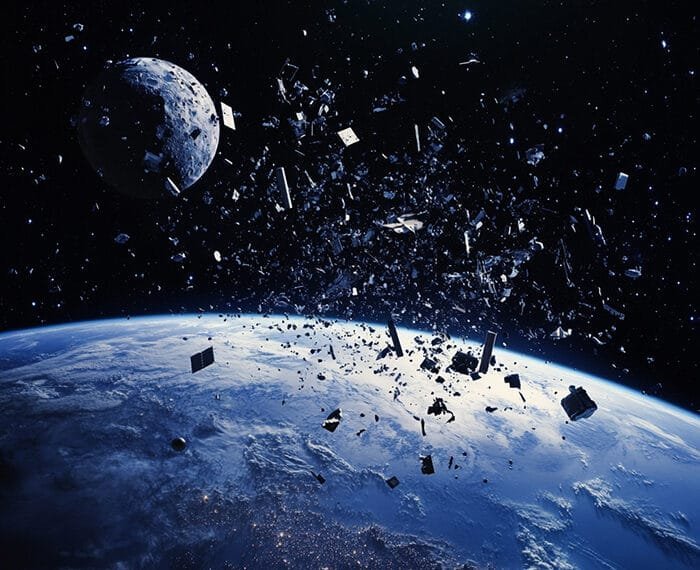 Space debris orbiting Earth in cislunar space, with the Moon in the background, illustrates the pressing issue of space junk surrounding our planet.