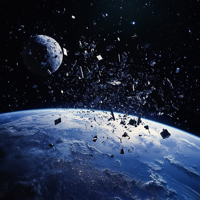 Space debris orbiting Earth in cislunar space, with the Moon in the background, illustrates the pressing issue of space junk surrounding our planet.