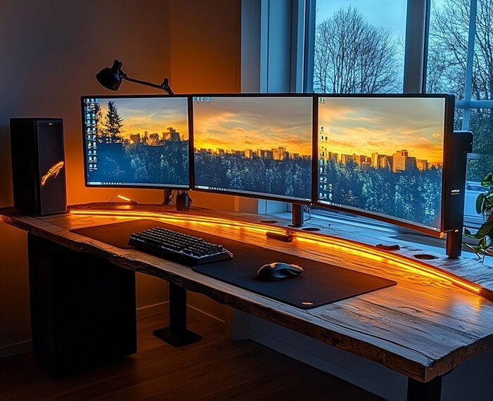 A computer desk setup featuring two curved monitors displaying a cityscape during sunset, complemented by a keyboard and mouse on a wooden desk with ambient strip lighting.
