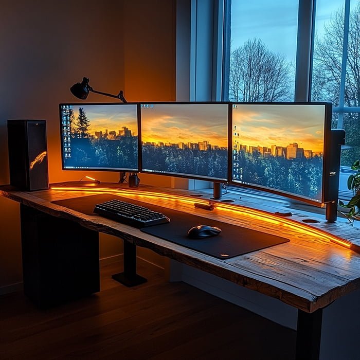 A computer desk setup featuring two curved monitors displaying a cityscape during sunset, complemented by a keyboard and mouse on a wooden desk with ambient strip lighting.