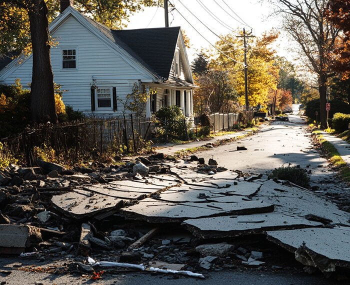 A residential street with severe road damage, including large cracks and debris, likely from an earthquake. A white house and trees with autumn foliage are visible in the background.