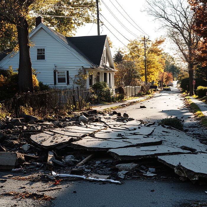 A residential street with severe road damage, including large cracks and debris, likely from an earthquake. A white house and trees with autumn foliage are visible in the background.