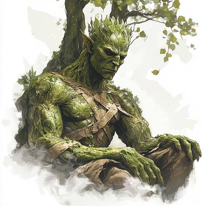 A humanoid figure made of green plant material and bark, with leaves growing from its head and shoulders, sits in a contemplative pose, embodying the essence of an Earth Elemental.