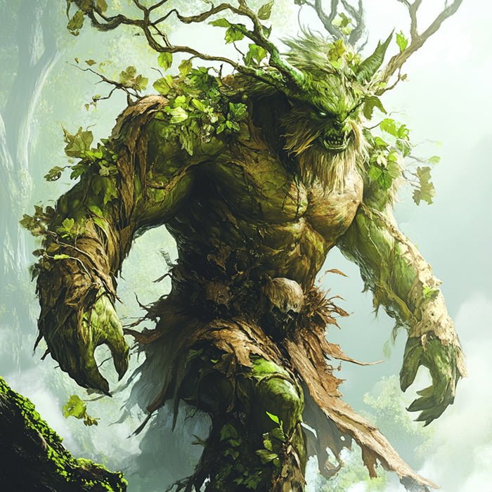 A large, humanoid Earth Elemental made of vines and foliage stands menacingly in a forest setting, with branches protruding from its head and shoulders.