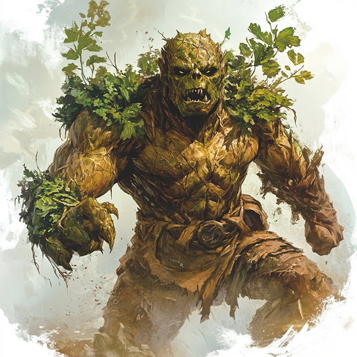 Depiction of an Earth Elemental resembling a humanoid plant with leafy growths and bark-like skin, standing in an assertive pose.