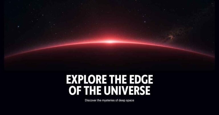 A red-lit planetary horizon in space with stars above, accompanied by the text "Explore the Edge of the Universe. Discover what is outside the universe and unlock the mysteries of deep space.