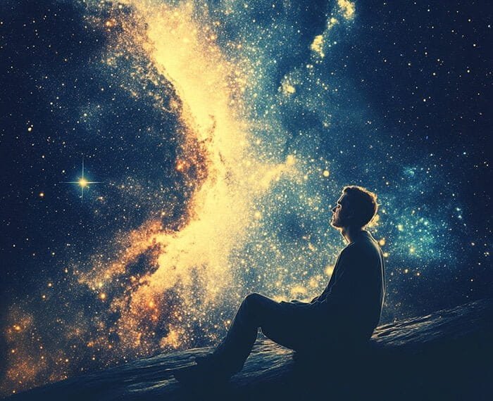A person sits on a rock, gazing at a vast, star-filled night sky with a prominent bright nebula stretching across it, contemplating how to surrender to the universe.