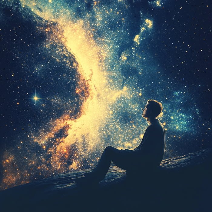 A person sits on a rock, gazing at a vast, star-filled night sky with a prominent bright nebula stretching across it, contemplating how to surrender to the universe.