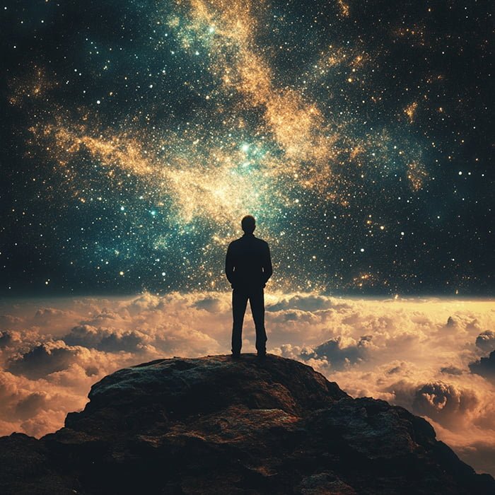 A person stands on a rocky peak, gazing at a star-filled sky with bright nebulae, as if learning how to surrender to the universe.