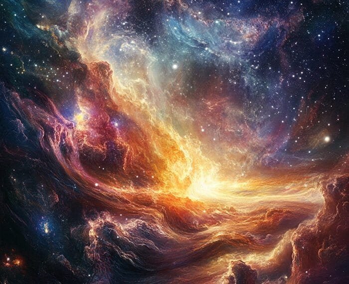 A colorful and vibrant cosmic scene depicting swirling galaxies, bright stars, and nebulae within the vast universe, with dynamic clouds of gas and light.