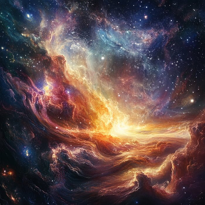 A colorful and vibrant cosmic scene depicting swirling galaxies, bright stars, and nebulae within the vast universe, with dynamic clouds of gas and light.