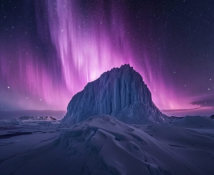 A large iceberg in Antarctica stands under a night sky illuminated by vibrant purple and pink aurora borealis lights.